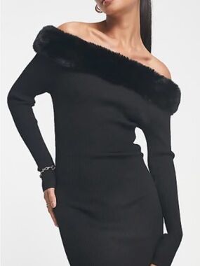 ASOS Black Off-the-Shoulder Faux-Fur Trim Sweater Dress